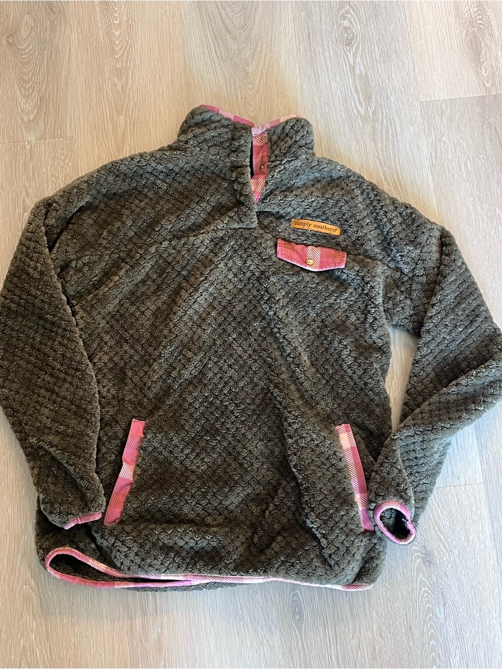 Simply Southern Olive Green Plush Pullover with Pink Trim